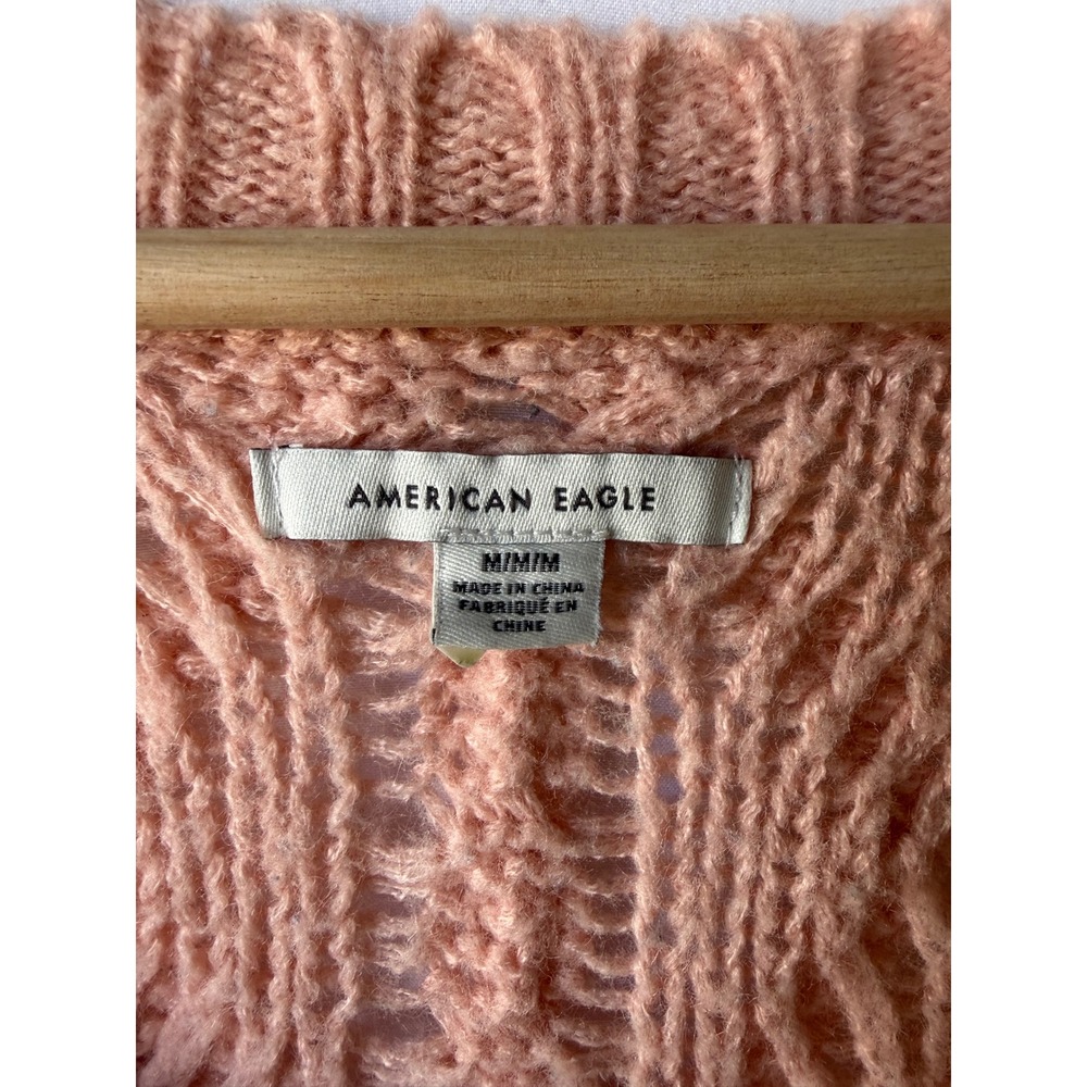 American Eagle Peach Cable Knit V-Neck Wool Blend Sweater Medium Oversized - Picture 4 of 8